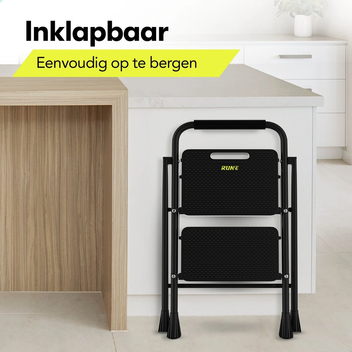 Rune Huishoudtrap 2 Treden - Inklapbare Anti-slip Keukentrap - Compact Design - 80 Cm Hoog - Zwart 6 Rune Huishoudtrap 2 Treden - Inklapbare Anti-slip Keukentrap - Compact Design - 80 Cm Hoog - Zwart - Afbeelding 6