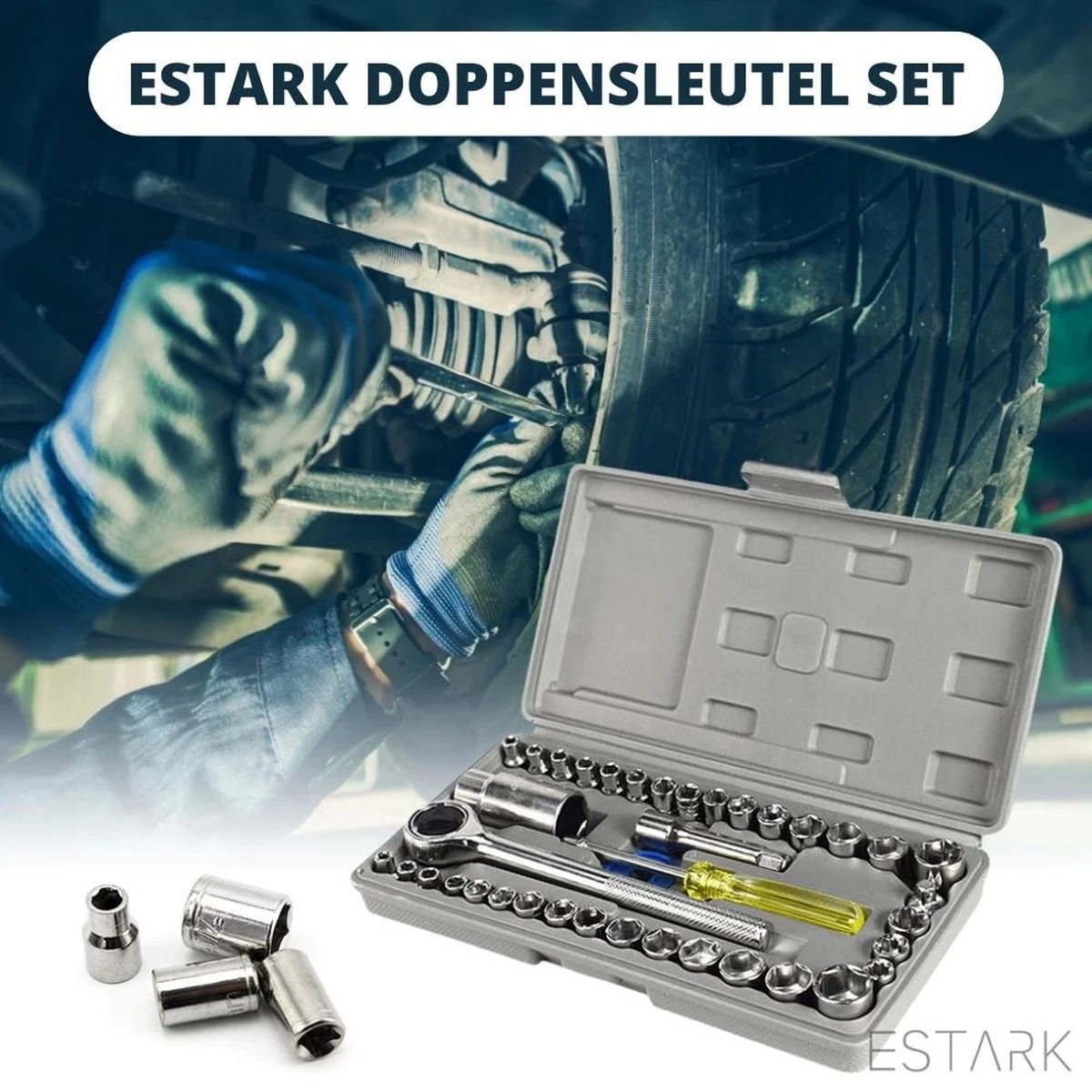 ESTARK® Professionele XL 40-Delige Dopsleutel Set - Met Momentsleutel Ratel & Verlengstuk - Doppenset Doppendoos Torx/Inbus/Hex/Kruiskop/Philips Bit Doppen Set - Ratelset - Met Snelwisselsysteem - 1/4" & 1/2" Inch Doppenset 8 ESTARK® Professionele XL 40-Delige Dopsleutel Set - Met Momentsleutel Ratel & Verlengstuk - Doppenset Doppendoos Torx/Inbus/Hex/Kruiskop/Philips Bit Doppen Set - Ratelset - Met Snelwisselsysteem - 1/4" & 1/2" Inch Doppenset - Afbeelding 8