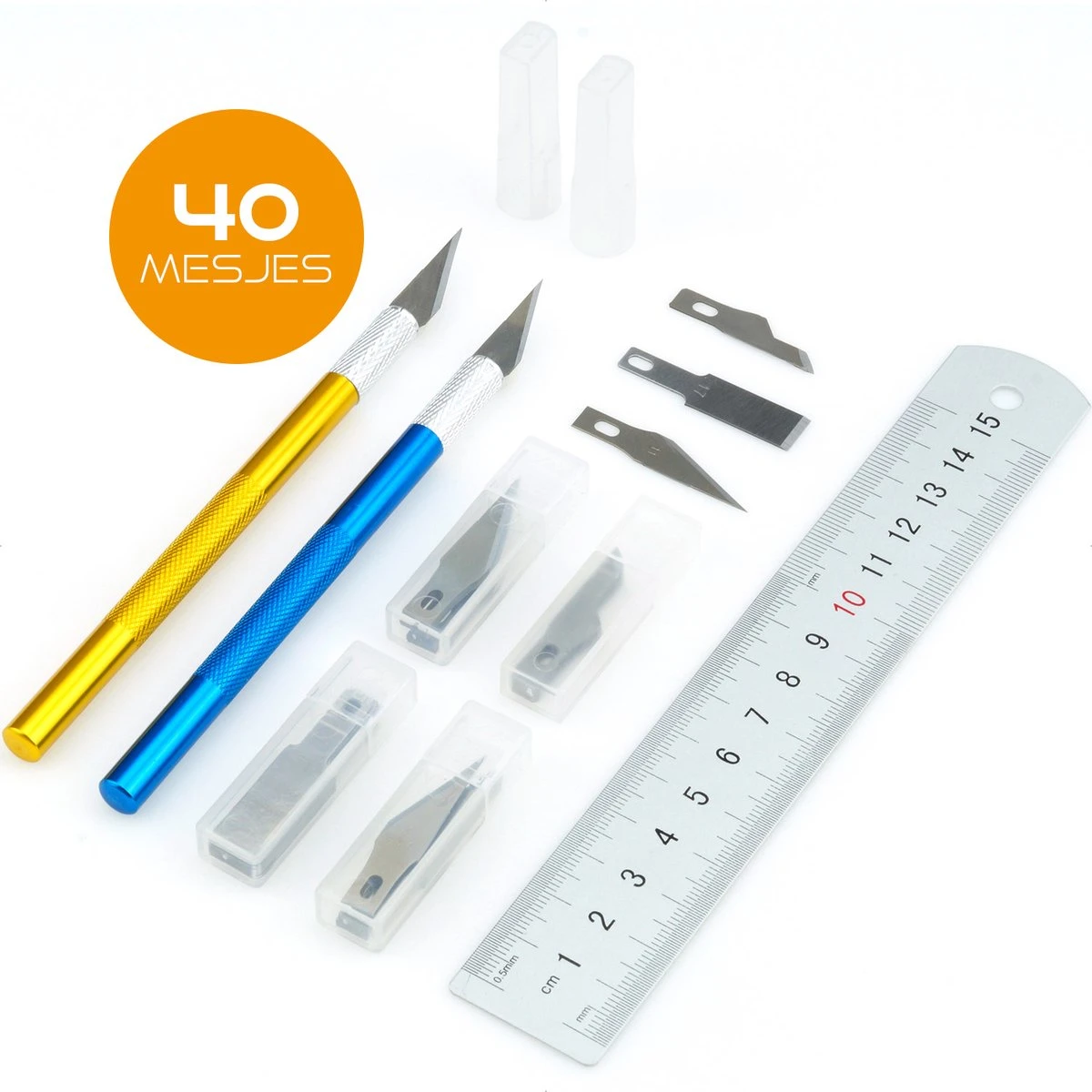 Scalpel Mesjes Set - 43 Delige Hobbymes Set - 1 Liniaal Staal / 2 Scalpels / 40 Reserve Scalpel Mesjes 1 Scalpel Mesjes Set - 43 Delige Hobbymes Set - 1 Liniaal Staal / 2 Scalpels / 40 Reserve Scalpel Mesjes