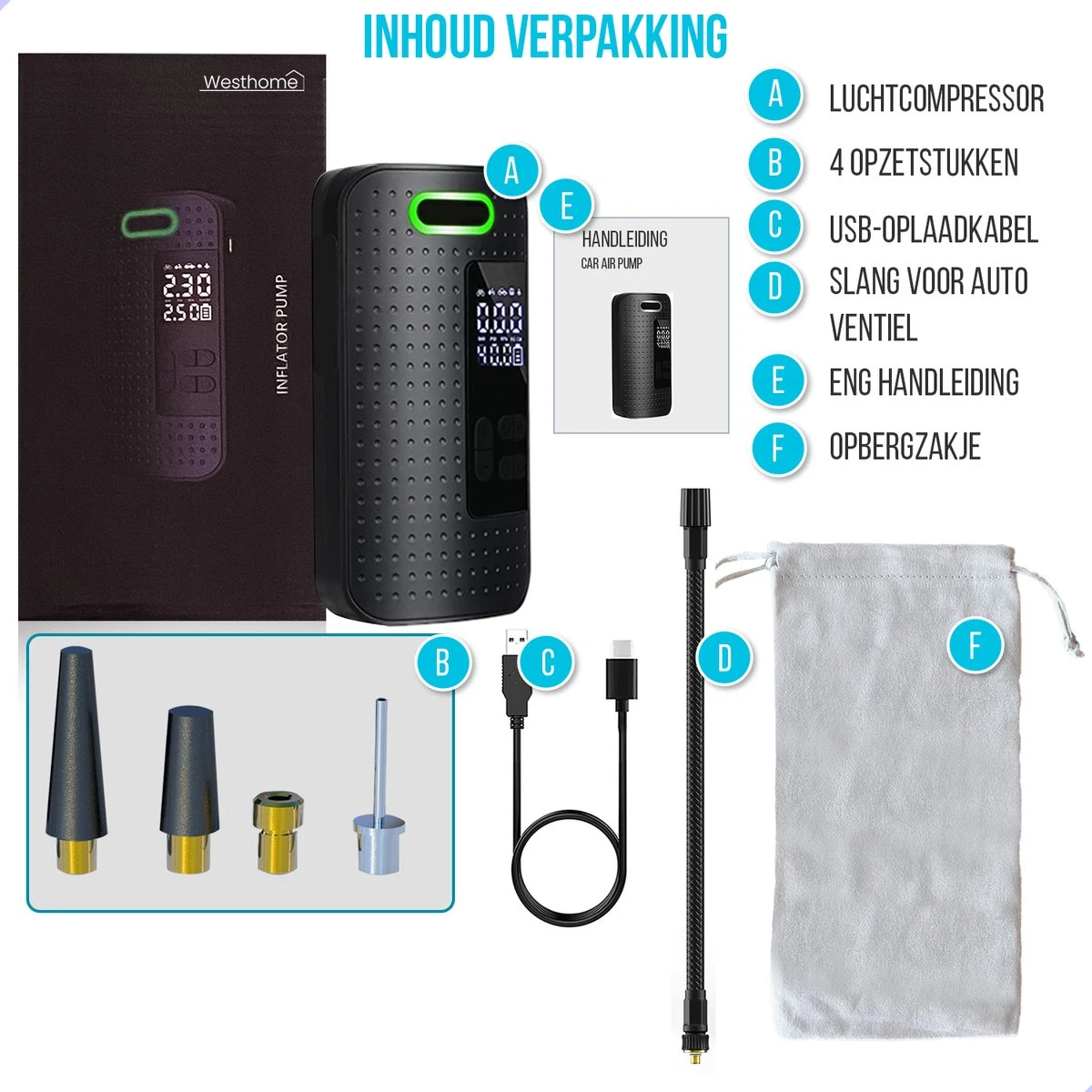 Westhome Luchtcompressor Bandenpomp - Elektrische Fietspomp- 5-in-1 - Zwart 12 Westhome Luchtcompressor Bandenpomp - Elektrische Fietspomp- 5-in-1 - Zwart - Afbeelding 12