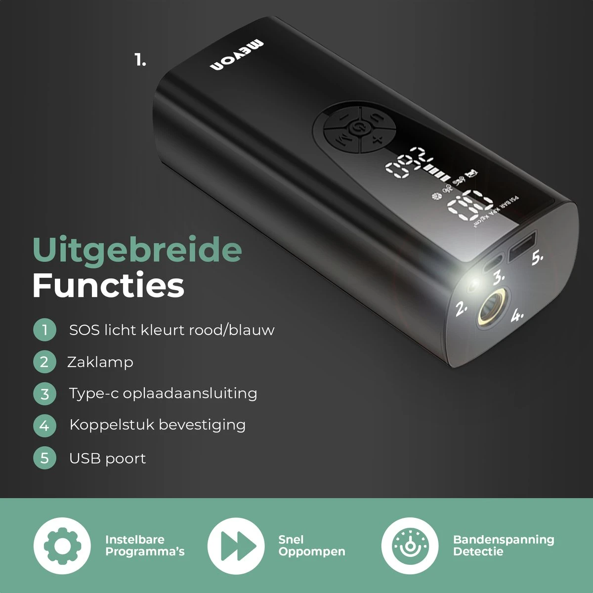 MEVON - Multifunctionele Compressor - Fietspomp - Elektrische Draagbare Bandenpomp - Luchtcompressor - 6000mAh Accu 2 MEVON - Multifunctionele Compressor - Fietspomp - Elektrische Draagbare Bandenpomp - Luchtcompressor - 6000mAh Accu - Afbeelding 2