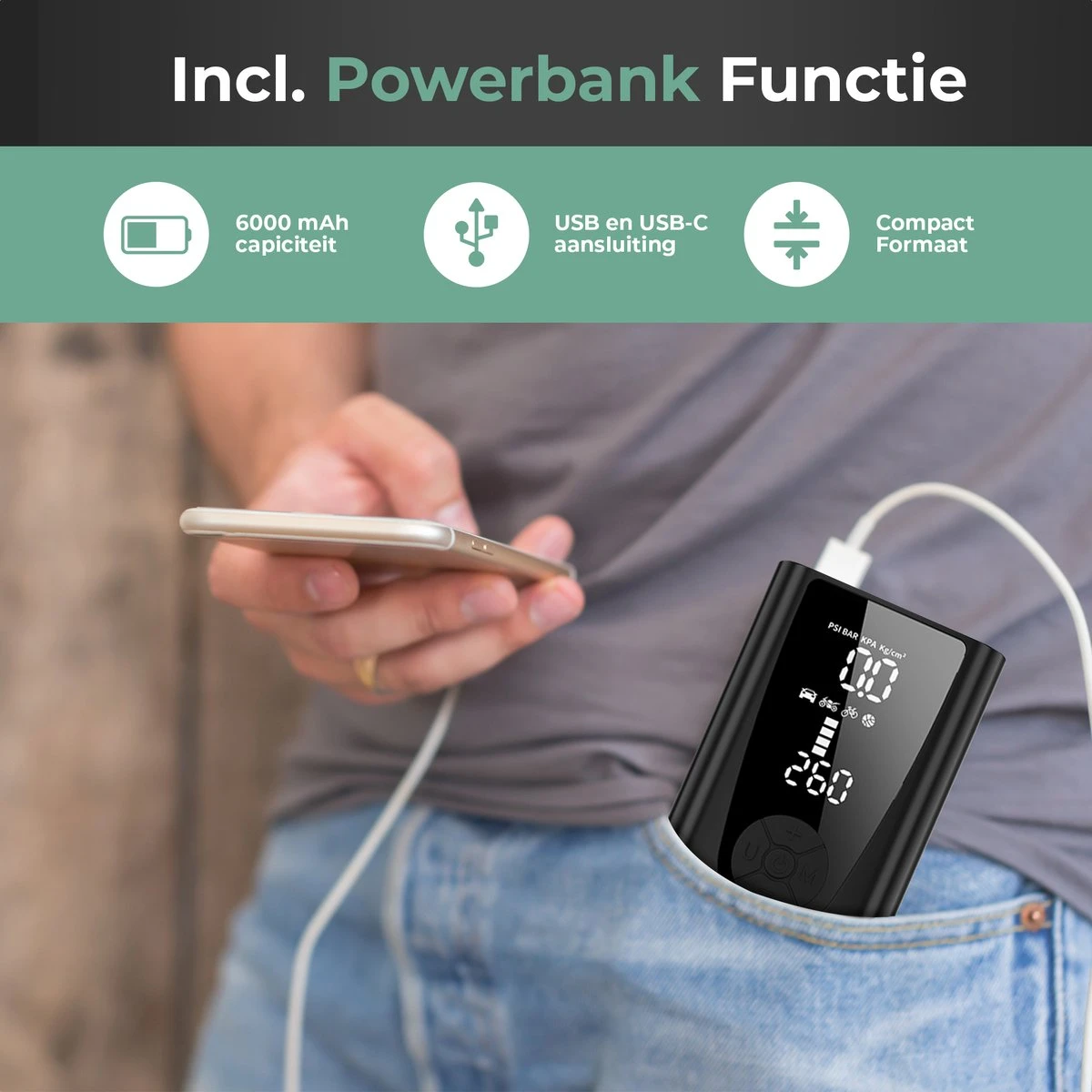 MEVON - Multifunctionele Compressor - Fietspomp - Elektrische Draagbare Bandenpomp - Luchtcompressor - 6000mAh Accu 4 MEVON - Multifunctionele Compressor - Fietspomp - Elektrische Draagbare Bandenpomp - Luchtcompressor - 6000mAh Accu - Afbeelding 4