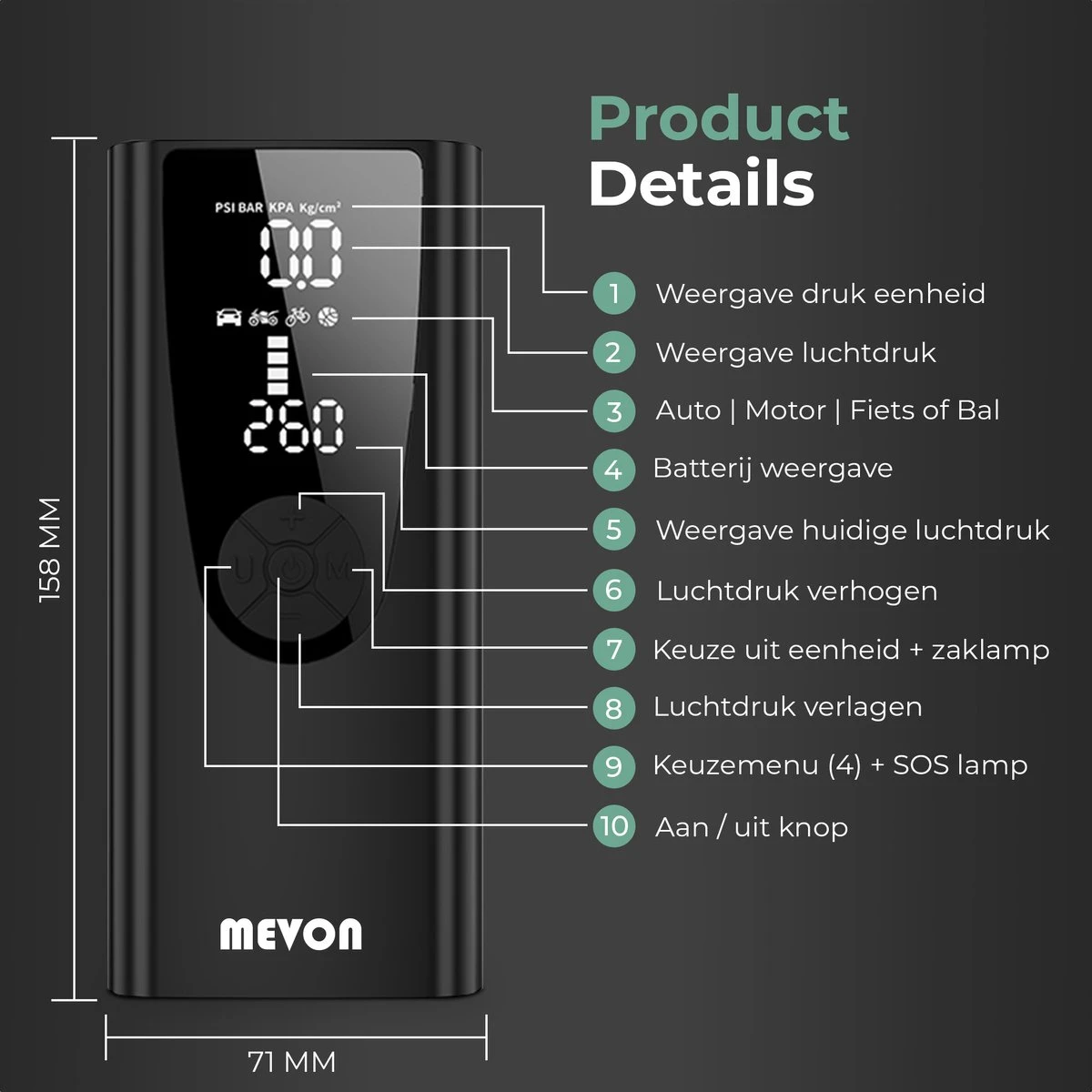 MEVON - Multifunctionele Compressor - Fietspomp - Elektrische Draagbare Bandenpomp - Luchtcompressor - 6000mAh Accu 5 MEVON - Multifunctionele Compressor - Fietspomp - Elektrische Draagbare Bandenpomp - Luchtcompressor - 6000mAh Accu - Afbeelding 5