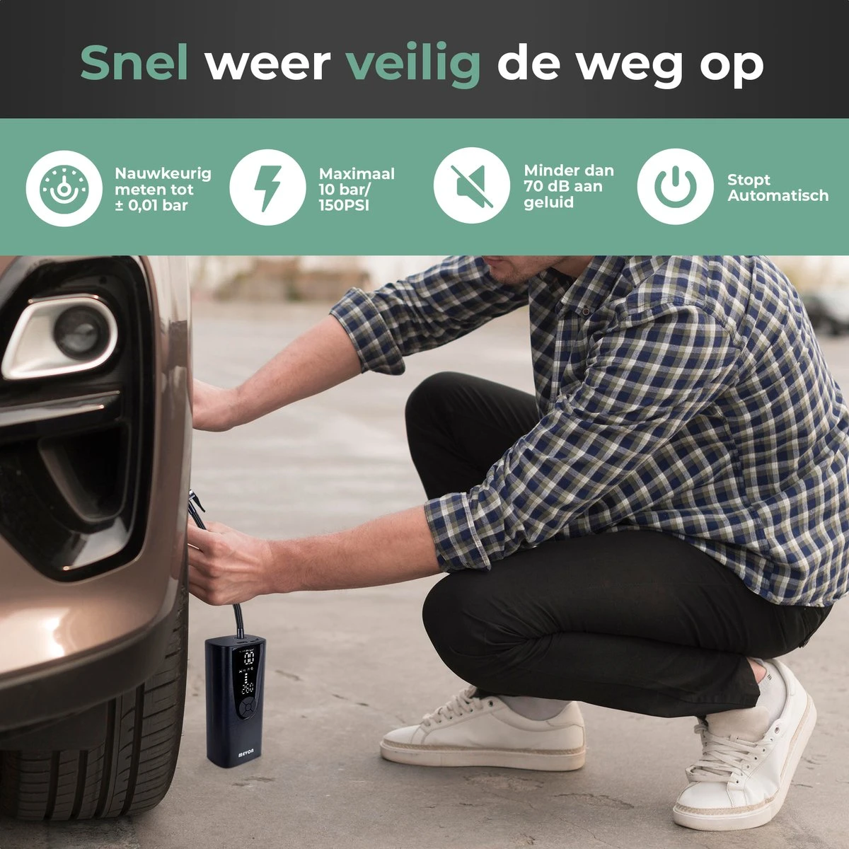 MEVON - Multifunctionele Compressor - Fietspomp - Elektrische Draagbare Bandenpomp - Luchtcompressor - 6000mAh Accu 6 MEVON - Multifunctionele Compressor - Fietspomp - Elektrische Draagbare Bandenpomp - Luchtcompressor - 6000mAh Accu - Afbeelding 6