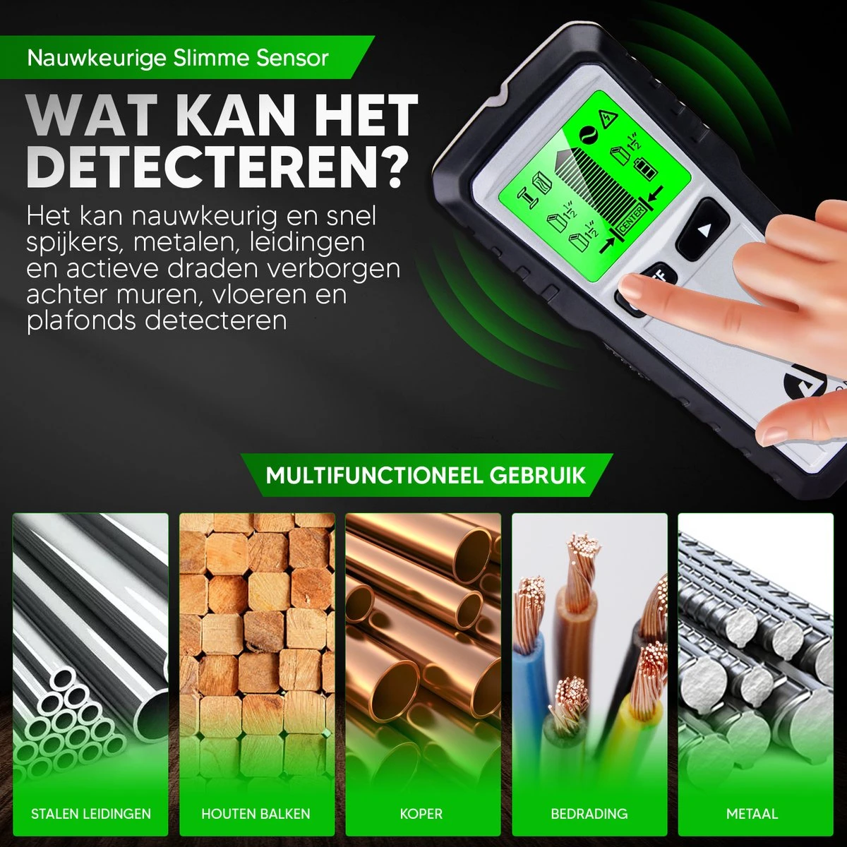 Apeiron Digitale Leidingzoeker - 5 In 1 Detector Voor Muren - Hout, Metaal, Leidingen, Bedrading - Zwart/Zilver - Inclusief Batterij 2 Apeiron Digitale Leidingzoeker - 5 In 1 Detector Voor Muren - Hout, Metaal, Leidingen, Bedrading - Zwart/Zilver - Inclusief Batterij - Afbeelding 2