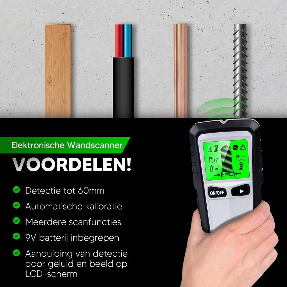 Apeiron Digitale Leidingzoeker - 5 In 1 Detector Voor Muren - Hout, Metaal, Leidingen, Bedrading - Zwart/Zilver - Inclusief Batterij 4 Apeiron Digitale Leidingzoeker - 5 In 1 Detector Voor Muren - Hout, Metaal, Leidingen, Bedrading - Zwart/Zilver - Inclusief Batterij - Afbeelding 4