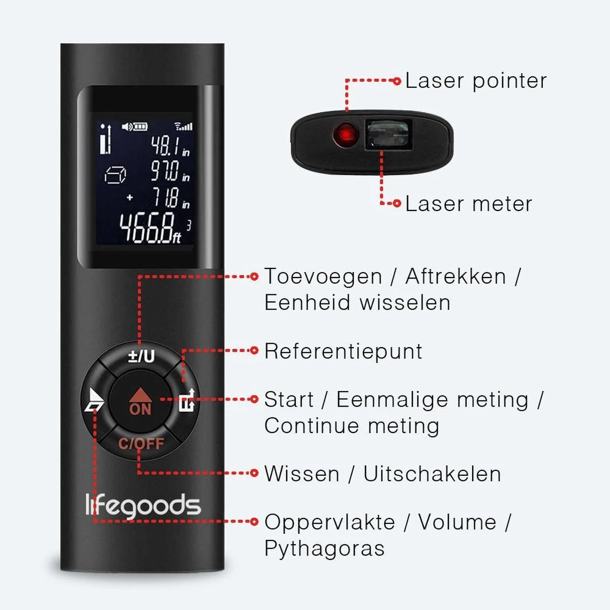 LifeGoods Laser Afstandsmeter - 40M - USB Oplaadbaar Incl. Kabel - Zwart 3 LifeGoods Laser Afstandsmeter - 40M - USB Oplaadbaar Incl. Kabel - Zwart - Afbeelding 3