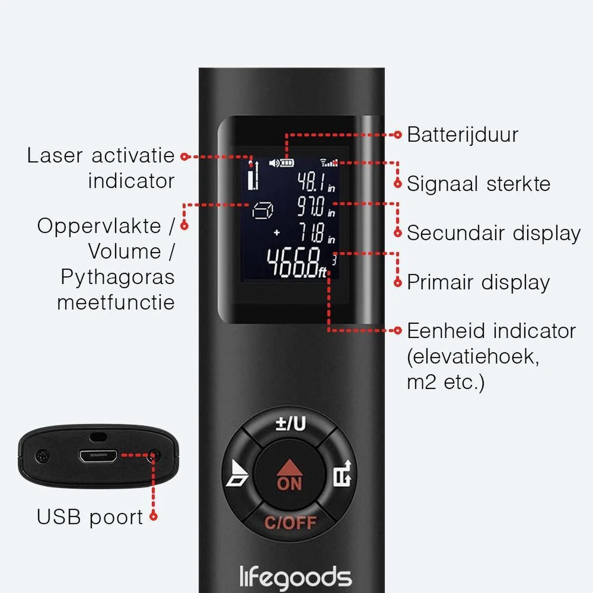 LifeGoods Laser Afstandsmeter - 40M - USB Oplaadbaar Incl. Kabel - Zwart 4 LifeGoods Laser Afstandsmeter - 40M - USB Oplaadbaar Incl. Kabel - Zwart - Afbeelding 4