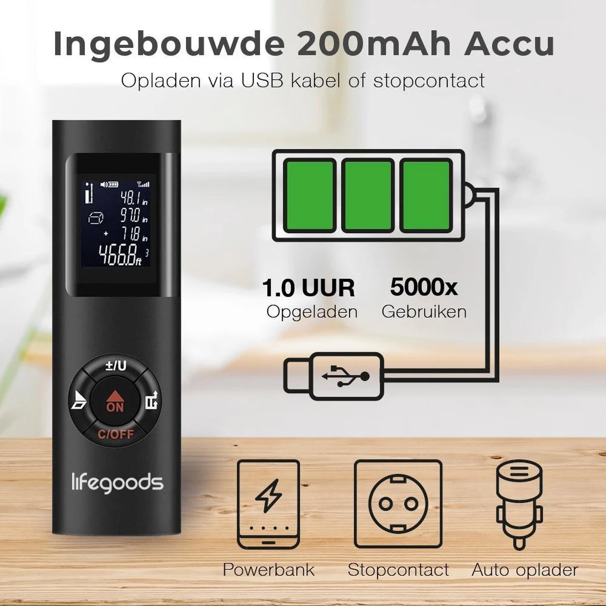 LifeGoods Laser Afstandsmeter - 40M - USB Oplaadbaar Incl. Kabel - Zwart 5 LifeGoods Laser Afstandsmeter - 40M - USB Oplaadbaar Incl. Kabel - Zwart - Afbeelding 5