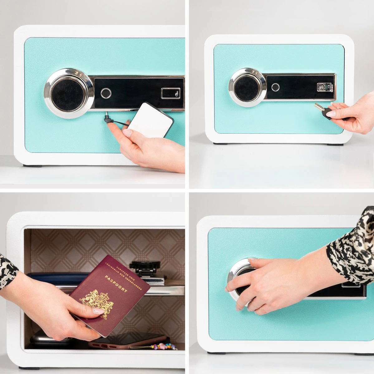 Fichero® Elektronische Kluis Met Vingerafdruk En Wachtwoord - Digitaal Touchscreen - Met Alarmsysteem En 4 Instellingen Voor Openen - Hip En Modern Design - Turquoise Blauw Wit 5 Fichero® Elektronische Kluis Met Vingerafdruk En Wachtwoord - Digitaal Touchscreen - Met Alarmsysteem En 4 Instellingen Voor Openen - Hip En Modern Design - Turquoise Blauw Wit - Afbeelding 5