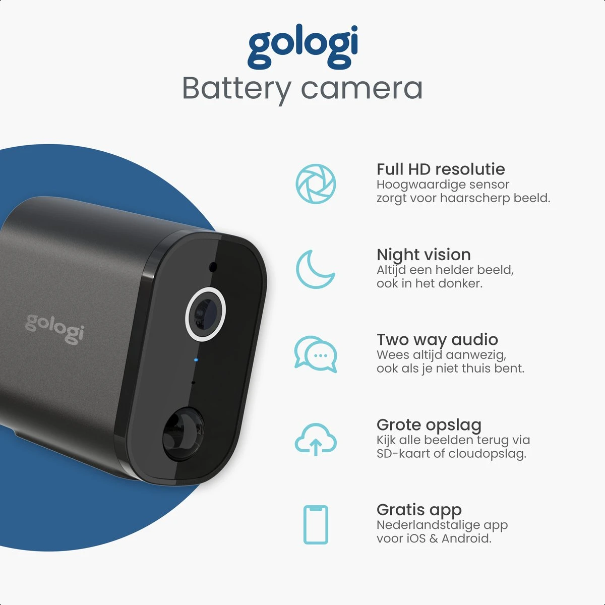 Gologi Draadloze Camera Op Accu - Beveiligingscamera - Met Nachtzicht - Wifi Camera - Security Camera - Oplaadbaar - Nederlandstalige App - 32GB SD-kaart - Zwart 2 Gologi Draadloze Camera Op Accu - Beveiligingscamera - Met Nachtzicht - Wifi Camera - Security Camera - Oplaadbaar - Nederlandstalige App - 32GB SD-kaart - Zwart - Afbeelding 2