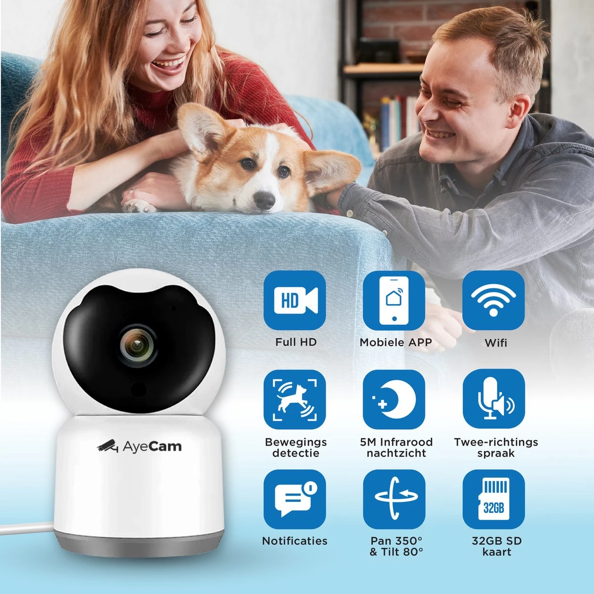 AyeCam Huisdiercamera - Met App - Incl. 32GB SD - WiFi - Beweeg & Geluidsdetectie - Beveiligingscamera - Hondencamera 3 AyeCam Huisdiercamera - Met App - Incl. 32GB SD - WiFi - Beweeg & Geluidsdetectie - Beveiligingscamera - Hondencamera - Afbeelding 3