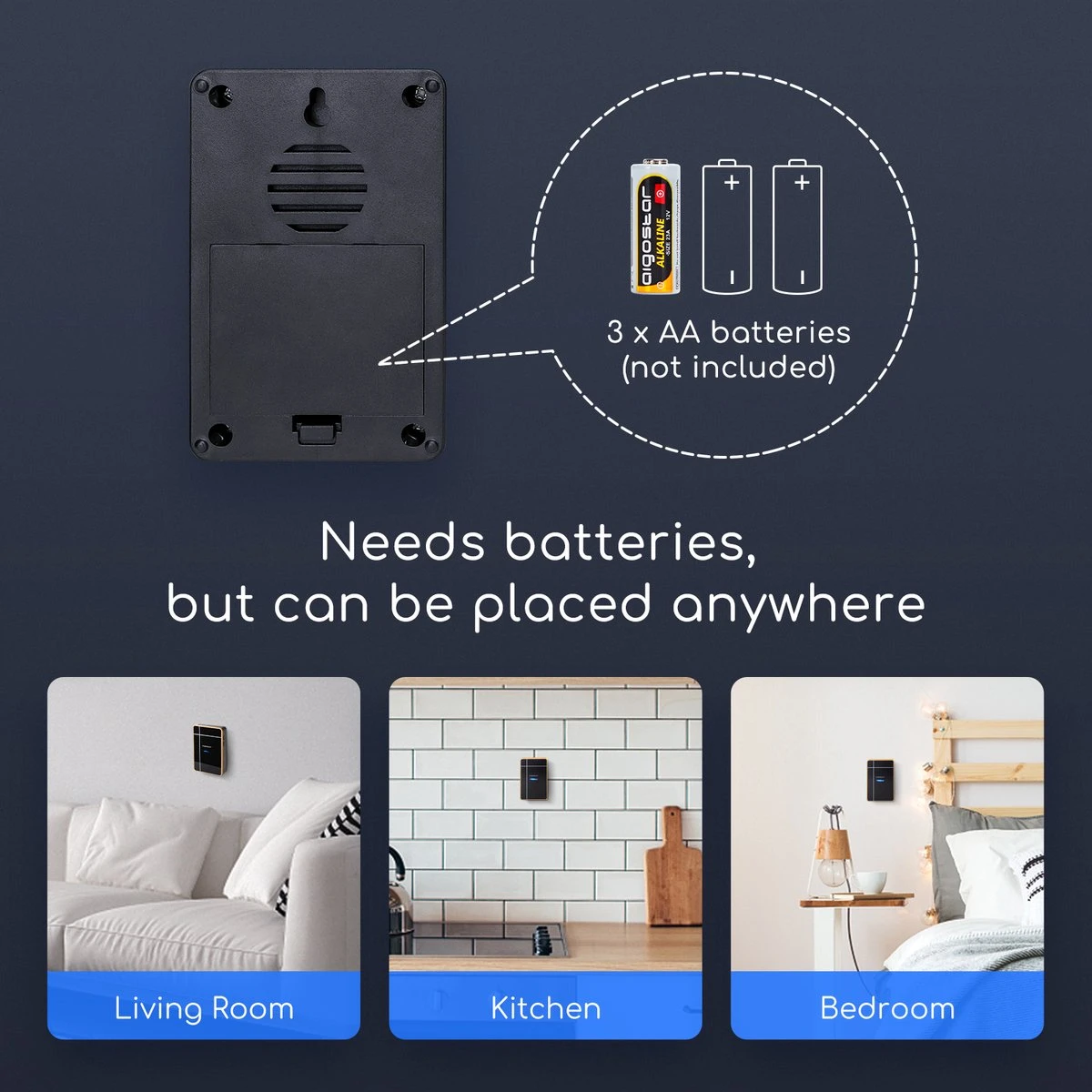 Aigostar Draadloze Deurbel Set 2HVKY - Met 2x Ontvanger Op Batterij - 3 Regelbaar Volume - 36 Melodieën - IP44 Waterdicht - Zwart 7 Aigostar Draadloze Deurbel Set 2HVKY - Met 2x Ontvanger Op Batterij - 3 Regelbaar Volume - 36 Melodieën - IP44 Waterdicht - Zwart - Afbeelding 7