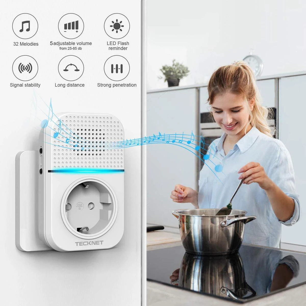 Tecknet Draadloze Deurbel - 1 Ontvanger Incl. Adapter - Wit 4 Tecknet Draadloze Deurbel - 1 Ontvanger Incl. Adapter - Wit - Afbeelding 4