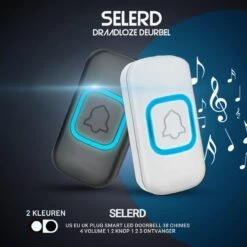 Selerd V2 - Zwart - Draadloze Deurbel - Plug & Play - IP44 Waterdicht - 4 Volumes - 38 Melodieën - Incl. Batterij - Deurbel Draadloos - Oplichtende Led - 5 Jaar Garantie -Makita || Merkloos || Stanley Verkoopwinkel 1200x1200 3355