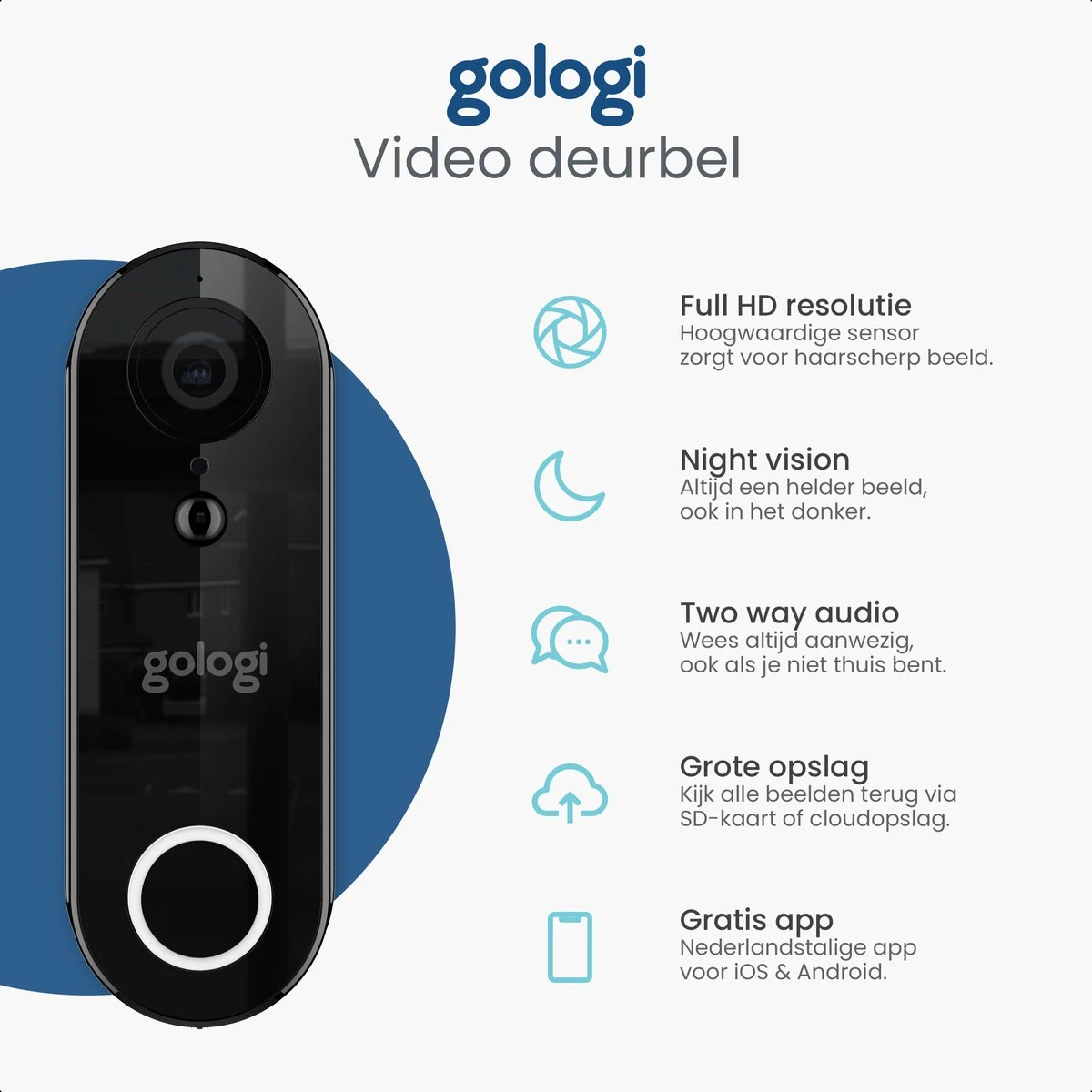 Gologi Draadloze Deurbel - HD Video Deurbel - Met Camera En WiFi - Inclusief Gong - Nederlandstalige App - Waterdicht - Met 32GB SD-kaart - Zwart 2 Gologi Draadloze Deurbel - HD Video Deurbel - Met Camera En WiFi - Inclusief Gong - Nederlandstalige App - Waterdicht - Met 32GB SD-kaart - Zwart - Afbeelding 2