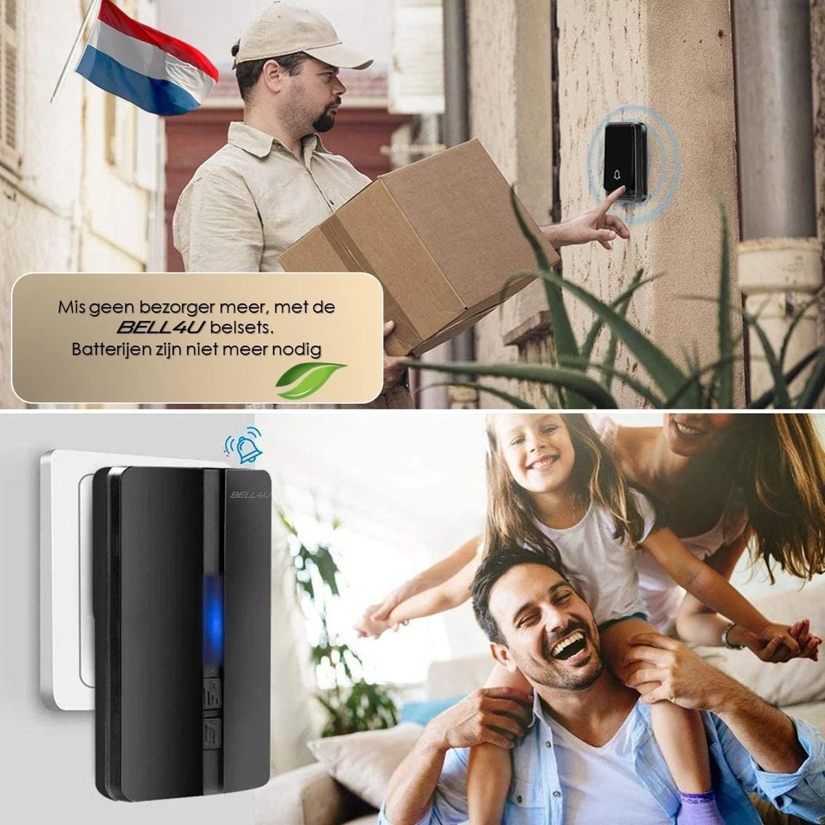 Bell4U Draadloze Deurbel Met 1 Ontvanger - Plug & Play - Beldrukker Heeft Geen Batterijen Nodig - IP55 Waterdicht - Zwart 2 Bell4U Draadloze Deurbel Met 1 Ontvanger - Plug & Play - Beldrukker Heeft Geen Batterijen Nodig - IP55 Waterdicht - Zwart - Afbeelding 2