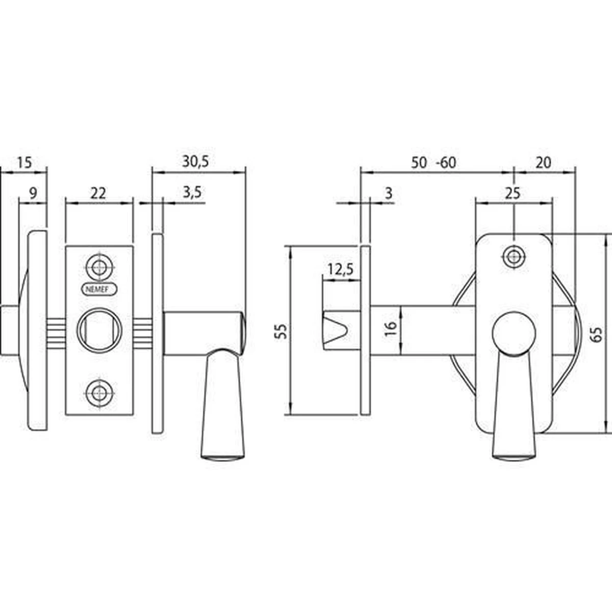 Nemef WC Insteekgrendel 2705-4 Doornmaat 50mm 2 Nemef WC Insteekgrendel 2705-4 Doornmaat 50mm - Afbeelding 2