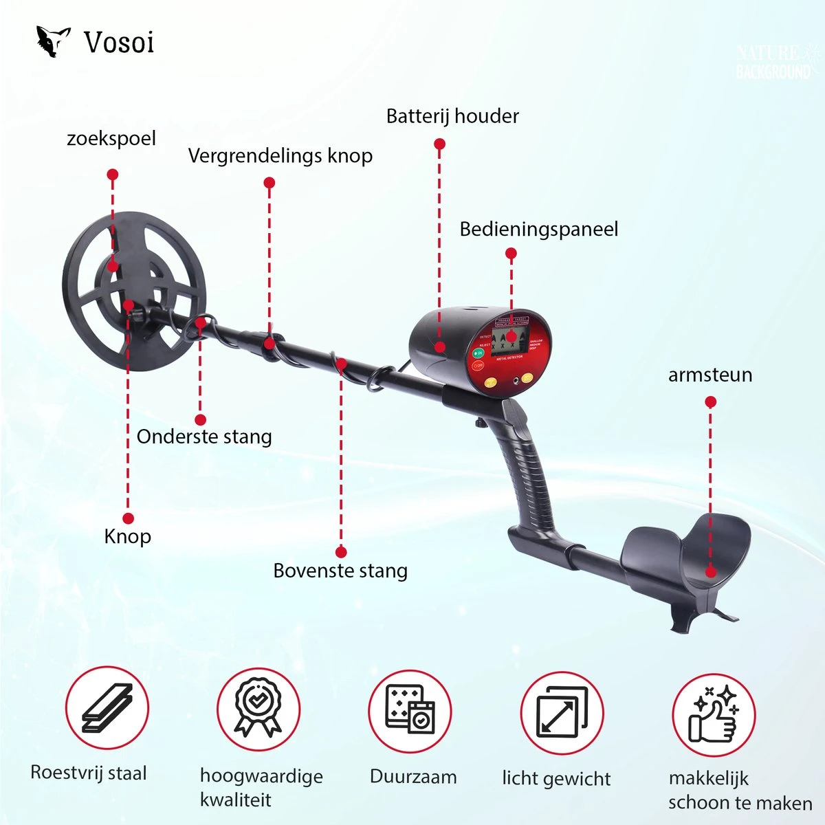 Vosoi - Hoogwaardige Metaal Detector - Inclusief Koptelefoon En Schep + Opberghoes - LCD Display - Nauwkeurige Pinpointer Optie - Verstelbare Hoogte - Waterdichte Zoekspoel - Geschikt Voor Kinderen En Volwassenen 2 Vosoi - Hoogwaardige Metaal Detector - Inclusief Koptelefoon En Schep + Opberghoes - LCD Display - Nauwkeurige Pinpointer Optie - Verstelbare Hoogte - Waterdichte Zoekspoel - Geschikt Voor Kinderen En Volwassenen - Afbeelding 2