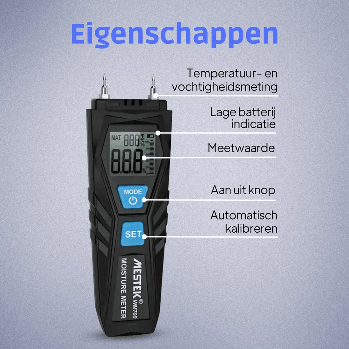 Mestek Vochtmeter WM700 - Hygrometer - Muren - Binnen - Vochtmeters - Inclusief Opbergtas 7 Mestek Vochtmeter WM700 - Hygrometer - Muren - Binnen - Vochtmeters - Inclusief Opbergtas - Afbeelding 7