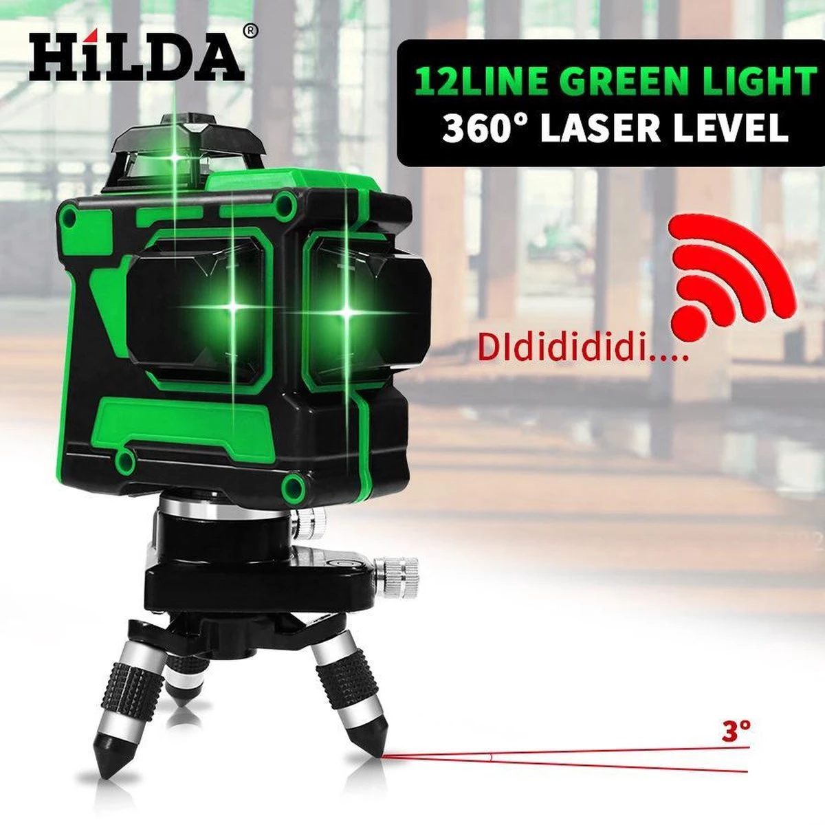 Hilda Zelfnivellerende Kruislijnlaser Met 12 Lijnen - Inclusief Muurbeugel En 360 Graden Statief - Groene Lasers - Waterproof - Laserwaterpas - Met Opbergkoffer 3 Hilda Zelfnivellerende Kruislijnlaser Met 12 Lijnen - Inclusief Muurbeugel En 360 Graden Statief - Groene Lasers - Waterproof - Laserwaterpas - Met Opbergkoffer - Afbeelding 3