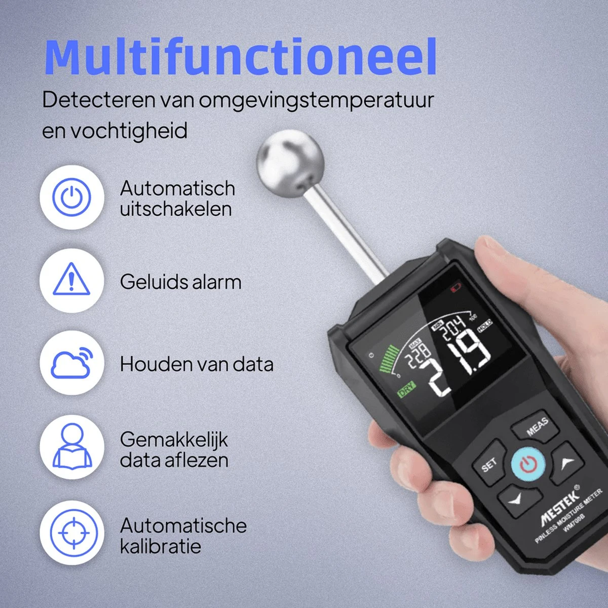 Mestek Pinless Vochtmeter WM700B - Hygrometer - Muren - Binnen - Vochtmeters - Inclusief Opbergzakje 2 Mestek Pinless Vochtmeter WM700B - Hygrometer - Muren - Binnen - Vochtmeters - Inclusief Opbergzakje - Afbeelding 2