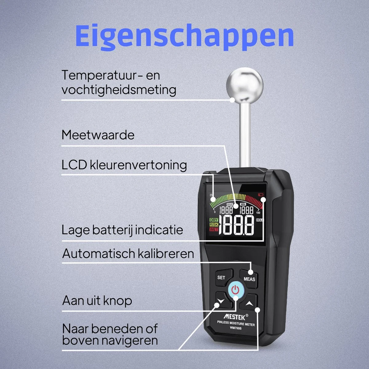 Mestek Pinless Vochtmeter WM700B - Hygrometer - Muren - Binnen - Vochtmeters - Inclusief Opbergzakje 7 Mestek Pinless Vochtmeter WM700B - Hygrometer - Muren - Binnen - Vochtmeters - Inclusief Opbergzakje - Afbeelding 7