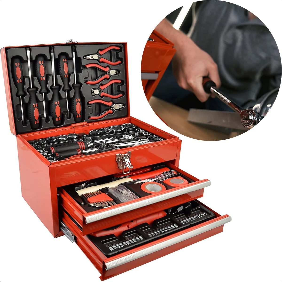 Cheqo® XXL 155-Delige Gereedschapbox - Gereedschapset In Koffer - Gevuld - Tangen - Schroevendraaiers - Gereedschapskist Met Laden - 3,6V Staafschroevendraaier - 1/2" & 1/4" Ratel - Bits, Verlengingen & Adapters 1 Cheqo® XXL 155-Delige Gereedschapbox - Gereedschapset In Koffer - Gevuld - Tangen - Schroevendraaiers - Gereedschapskist Met Laden - 3,6V Staafschroevendraaier - 1/2" & 1/4" Ratel - Bits, Verlengingen & Adapters