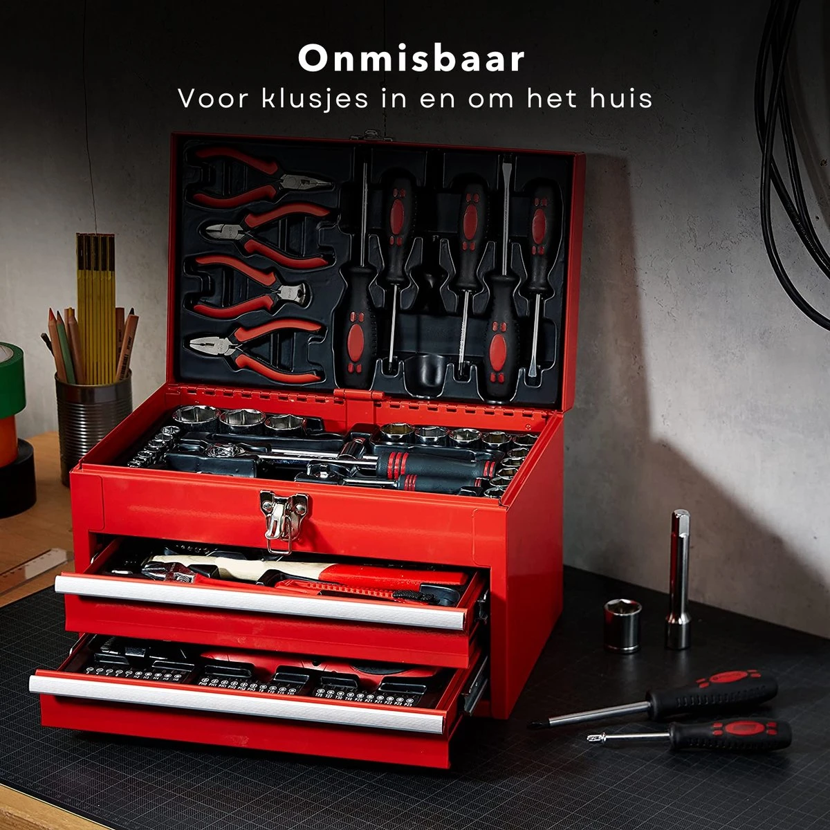 Cheqo® XXL 155-Delige Gereedschapbox - Gereedschapset In Koffer - Gevuld - Tangen - Schroevendraaiers - Gereedschapskist Met Laden - 3,6V Staafschroevendraaier - 1/2" & 1/4" Ratel - Bits, Verlengingen & Adapters 2 Cheqo® XXL 155-Delige Gereedschapbox - Gereedschapset In Koffer - Gevuld - Tangen - Schroevendraaiers - Gereedschapskist Met Laden - 3,6V Staafschroevendraaier - 1/2" & 1/4" Ratel - Bits, Verlengingen & Adapters - Afbeelding 2