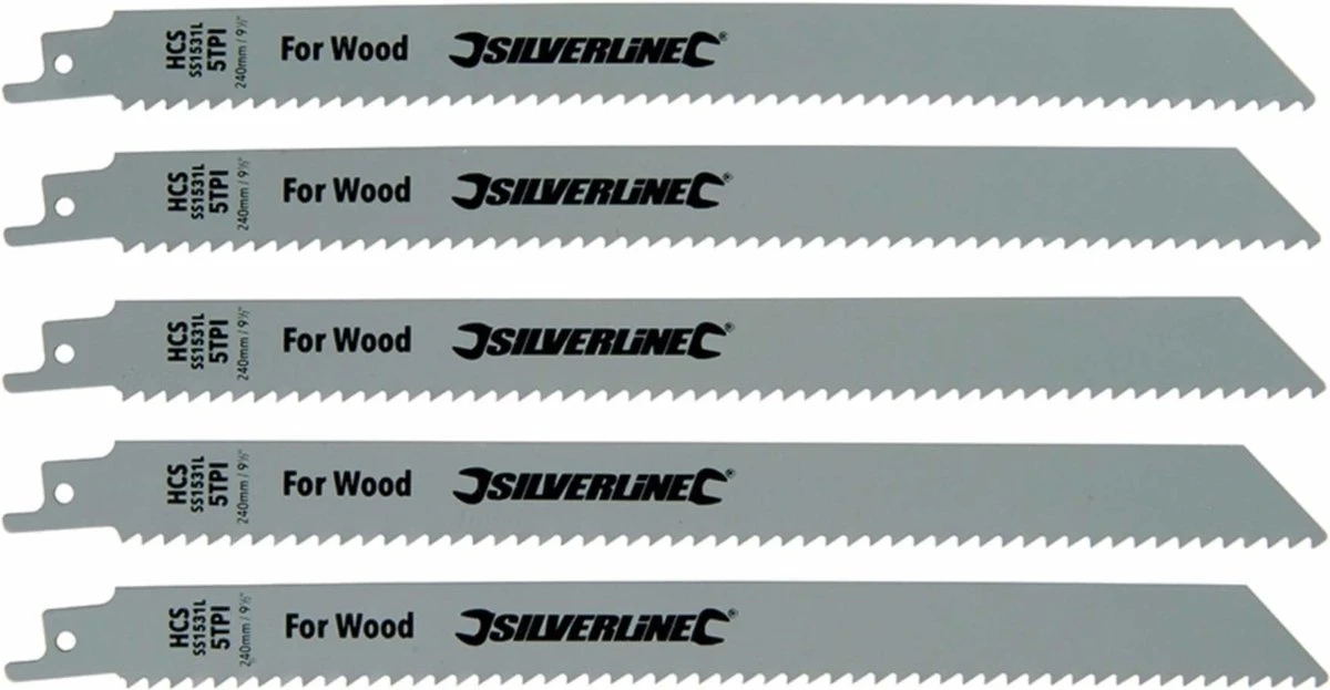 Silverline Reciprozaagbladen Voor Hout, 5 Delig HCS, 5 Tpi, 240 Mm 1 Silverline Reciprozaagbladen Voor Hout, 5 Delig HCS, 5 Tpi, 240 Mm