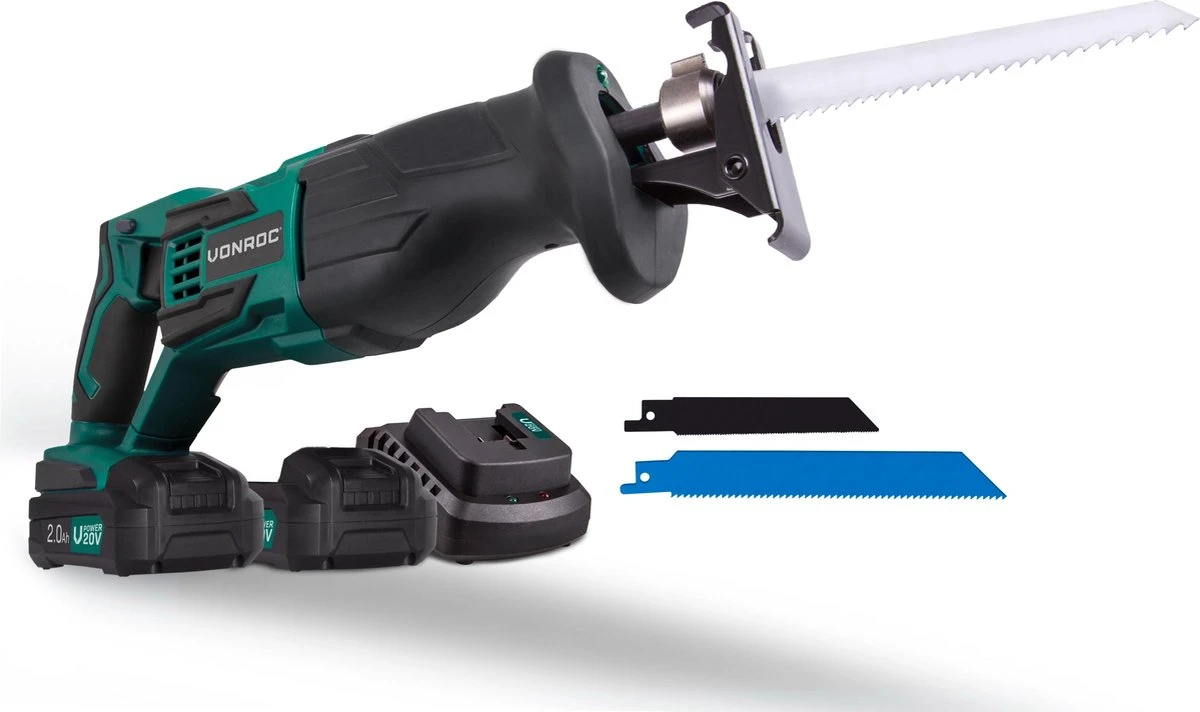 VONROC Accu Reciprozaag – VPower 20V – Incl. 2x 2.0Ah Accu, Sneloplader, Zaagbladen & Opbergtas 1 VONROC Accu Reciprozaag – VPower 20V – Incl. 2x 2.0Ah Accu, Sneloplader, Zaagbladen & Opbergtas