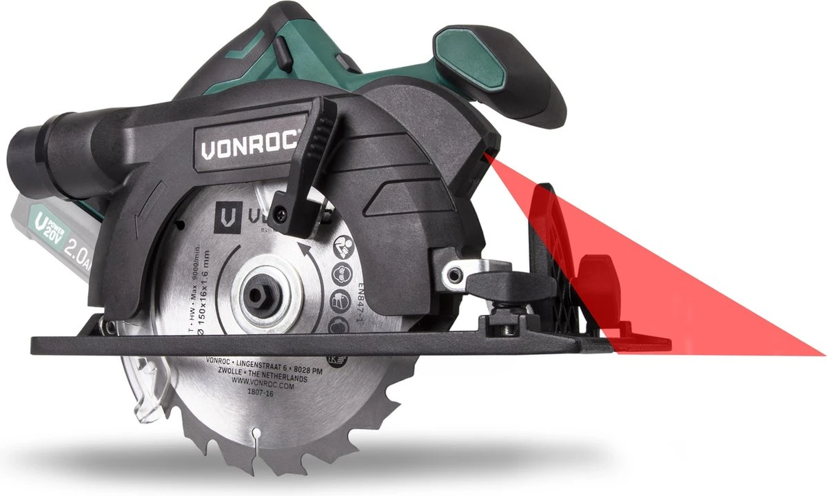 VONROC Accu Cirkelzaag – VPower 20V (zonder Accu & Lader) – Incl. Parallelgeleider & Ø150MM Zaagblad 1 VONROC Accu Cirkelzaag – VPower 20V (zonder Accu & Lader) – Incl. Parallelgeleider & Ø150MM Zaagblad