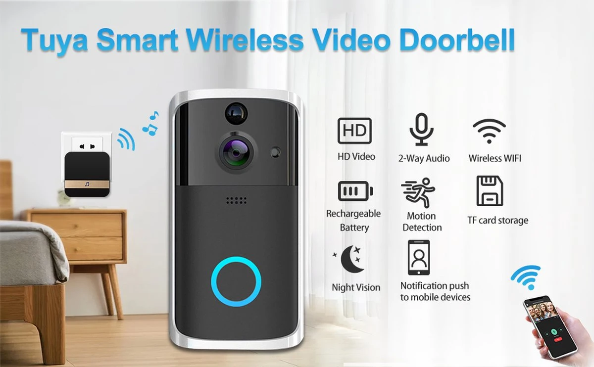 Merkloos LBP Video Deurbel Met HD Camera En Wifi - Zwart - Draadloos - Met Gong, 3 Oplaadbare Batterijen En 32GB Geheugenkaart 10 Merkloos LBP Video Deurbel Met HD Camera En Wifi - Zwart - Draadloos - Met Gong, 3 Oplaadbare Batterijen En 32GB Geheugenkaart - Afbeelding 10