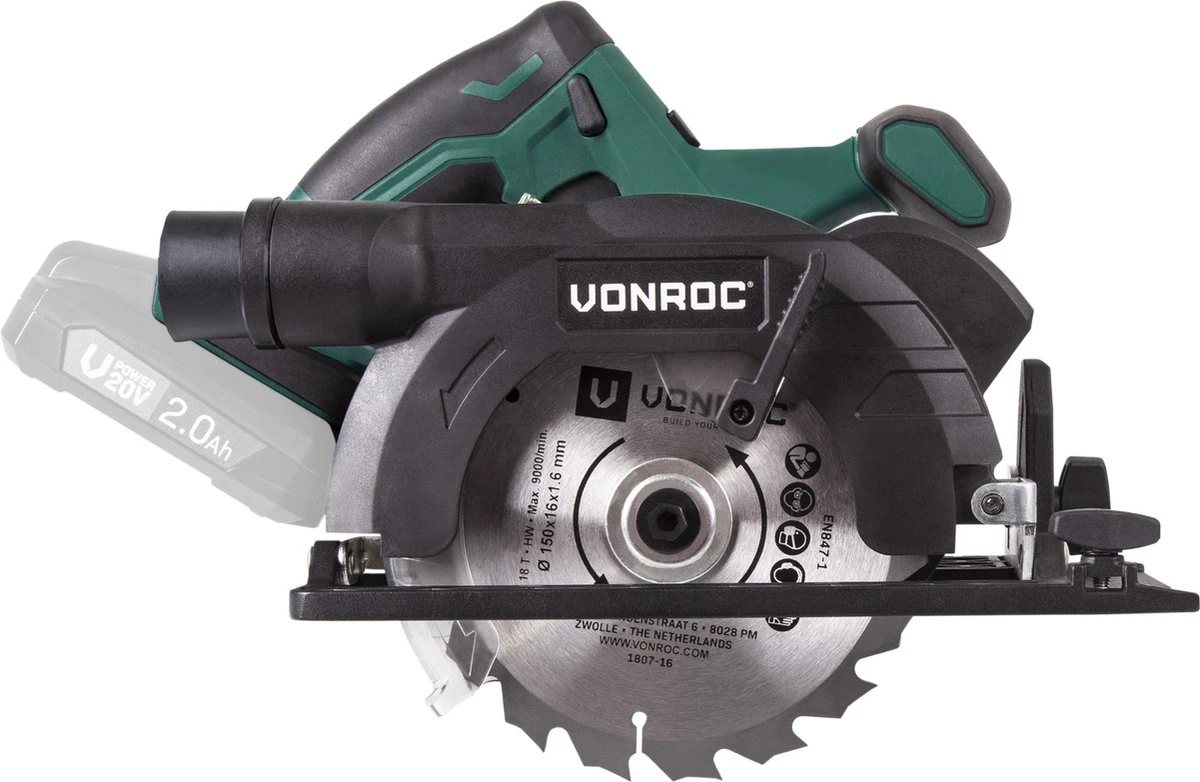 VONROC Accu Cirkelzaag – VPower 20V (zonder Accu & Lader) – Incl. Parallelgeleider & Ø150MM Zaagblad 2 VONROC Accu Cirkelzaag – VPower 20V (zonder Accu & Lader) – Incl. Parallelgeleider & Ø150MM Zaagblad - Afbeelding 2