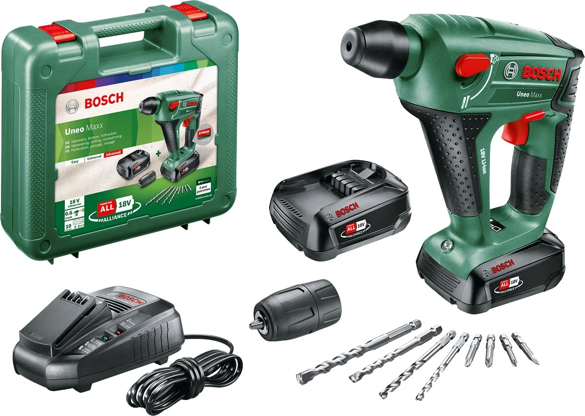 Bosch Uneo Maxx Accu Boorhamer - Met 2x 18 V Accu's En Lader - Met Koffer 1 Bosch Uneo Maxx Accu Boorhamer - Met 2x 18 V Accu's En Lader - Met Koffer