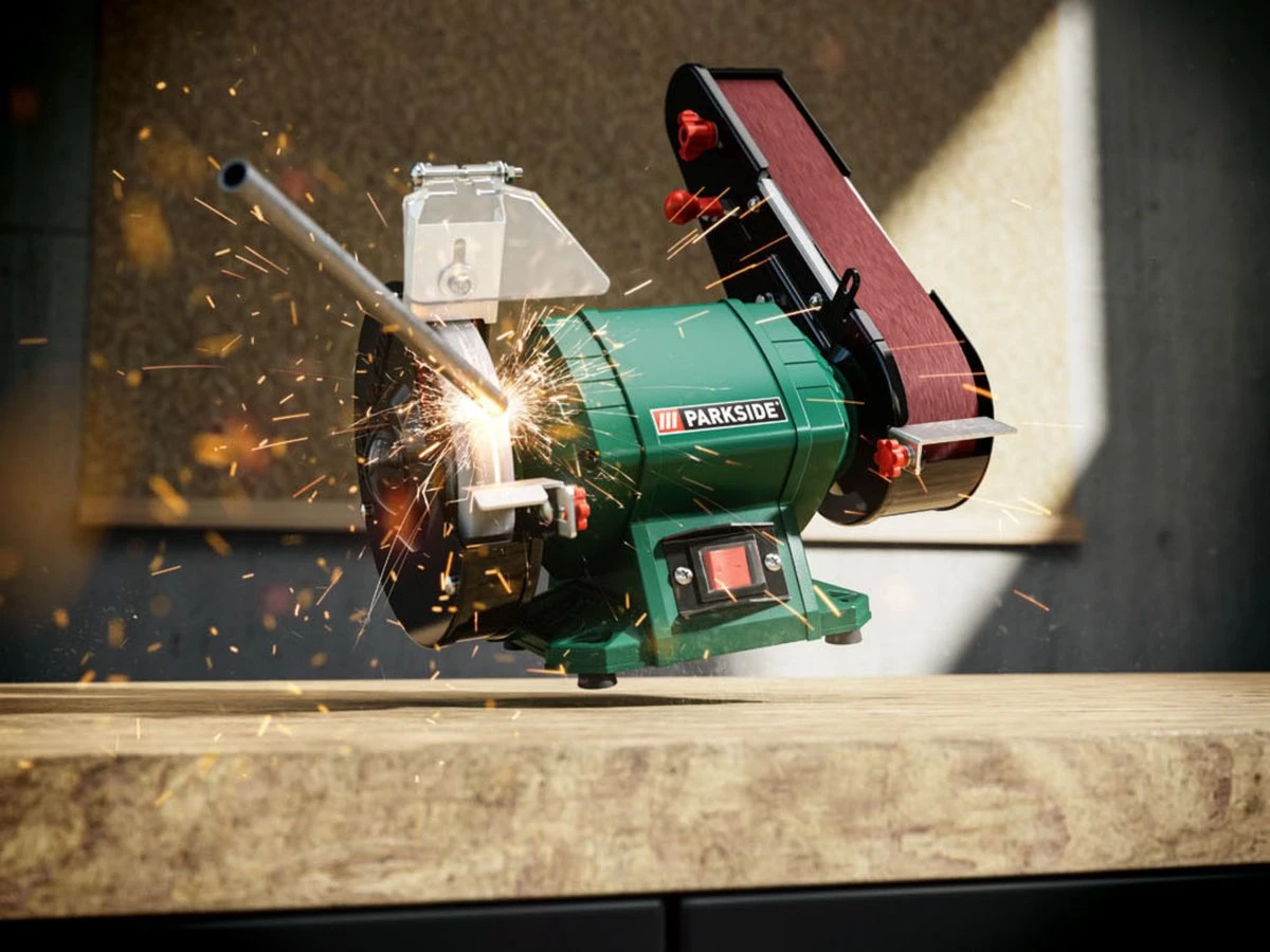 PARKSIDE Staande Bandschuur- En Slijpmachine - Slijp-/schuuroppervlak: Ø150 Mm / 50 X 686 Mm - Snelheid: 23 M/sec. (schuurschijf) Of 15 M/sec. (schuurband) - Vermogen: 240 W - Toerental: 2980 Min-¹ - Ideaal Om Metaal, Hout En Kunststof Te Bewerken 7 PARKSIDE Staande Bandschuur- En Slijpmachine - Slijp-/schuuroppervlak: Ø150 Mm / 50 X 686 Mm - Snelheid: 23 M/sec. (schuurschijf) Of 15 M/sec. (schuurband) - Vermogen: 240 W - Toerental: 2980 Min-¹ - Ideaal Om Metaal, Hout En Kunststof Te Bewerken - Afbeelding 7