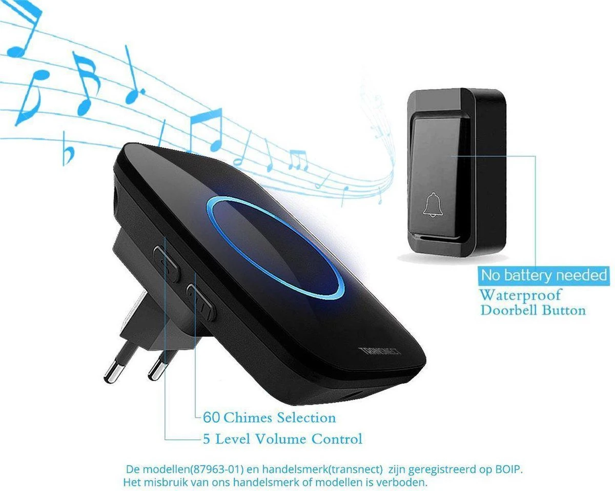 Draadloze Deurbel Met 2 Ontvangers - Plug&Play - Regelbaar Volume / Melodie - Oplichtende LED's - De Belset Werkt Geheel Zonder Batterijen 2 Draadloze Deurbel Met 2 Ontvangers - Plug&Play - Regelbaar Volume / Melodie - Oplichtende LED's - De Belset Werkt Geheel Zonder Batterijen - Afbeelding 2