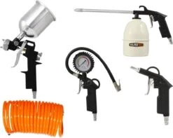 Wolpertech Compressor Accessoires 5 Stuks - Pneumatische Bandenpomp / Bandenvulpomp / Bandenvulpistool - Luchtdrukpistool / Blaaspistool - Verfspuit Bovenbeker - Vloeistofspuit - Spiraalslang 5 Meter
