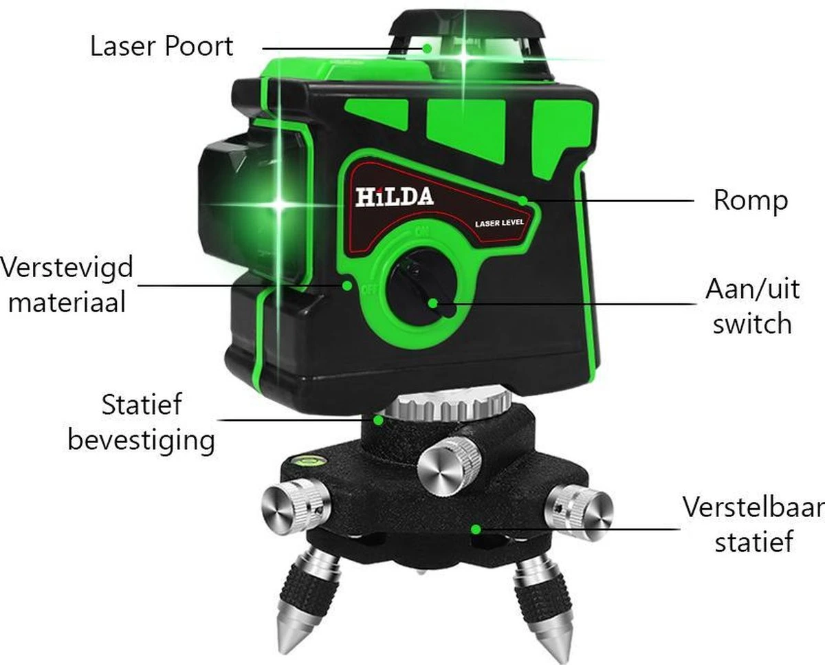 Hilda Zelfnivellerende Kruislijnlaser Met 12 Lijnen - Inclusief Muurbeugel En 360 Graden Statief - Groene Lasers - Waterproof - Laserwaterpas - Met Opbergkoffer 10 Hilda Zelfnivellerende Kruislijnlaser Met 12 Lijnen - Inclusief Muurbeugel En 360 Graden Statief - Groene Lasers - Waterproof - Laserwaterpas - Met Opbergkoffer - Afbeelding 10