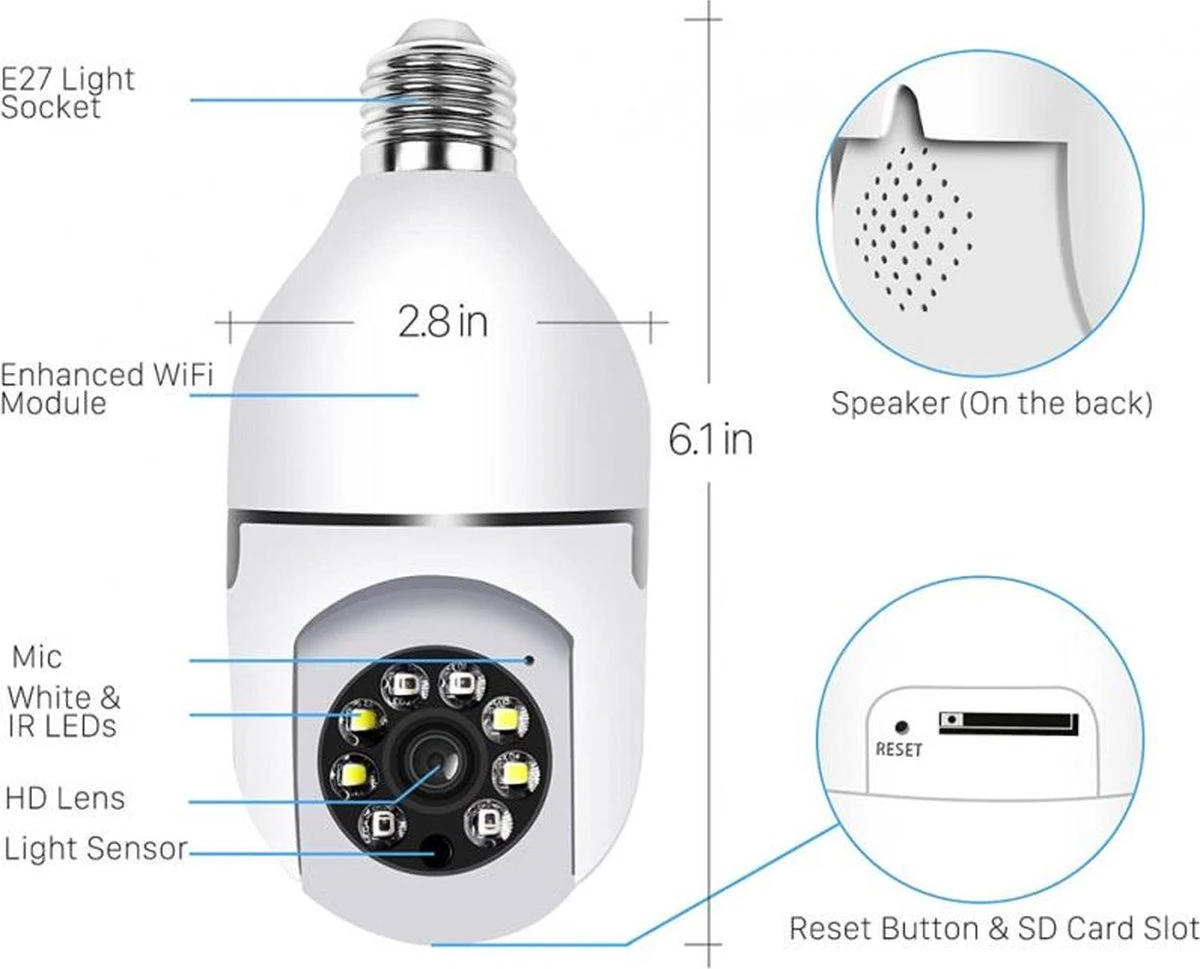 PuroTech Beveiligingscamera - IP Camera - E27 Dikke Fitting- Spy Camera - 2-Weg Audio - Beweeg En Geluidsdetectie - Nachtvisie - Draadloos - Huisdiercamera - Opslag In Cloud & App - Lamp Camera - 360 Graden Panoramisch 5 PuroTech Beveiligingscamera - IP Camera - E27 Dikke Fitting- Spy Camera - 2-Weg Audio - Beweeg En Geluidsdetectie - Nachtvisie - Draadloos - Huisdiercamera - Opslag In Cloud & App - Lamp Camera - 360 Graden Panoramisch - Afbeelding 5