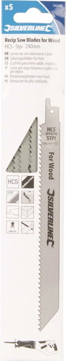 Silverline Reciprozaagbladen Voor Hout, 5 Delig HCS, 5 Tpi, 240 Mm 3 Silverline Reciprozaagbladen Voor Hout, 5 Delig HCS, 5 Tpi, 240 Mm - Afbeelding 3