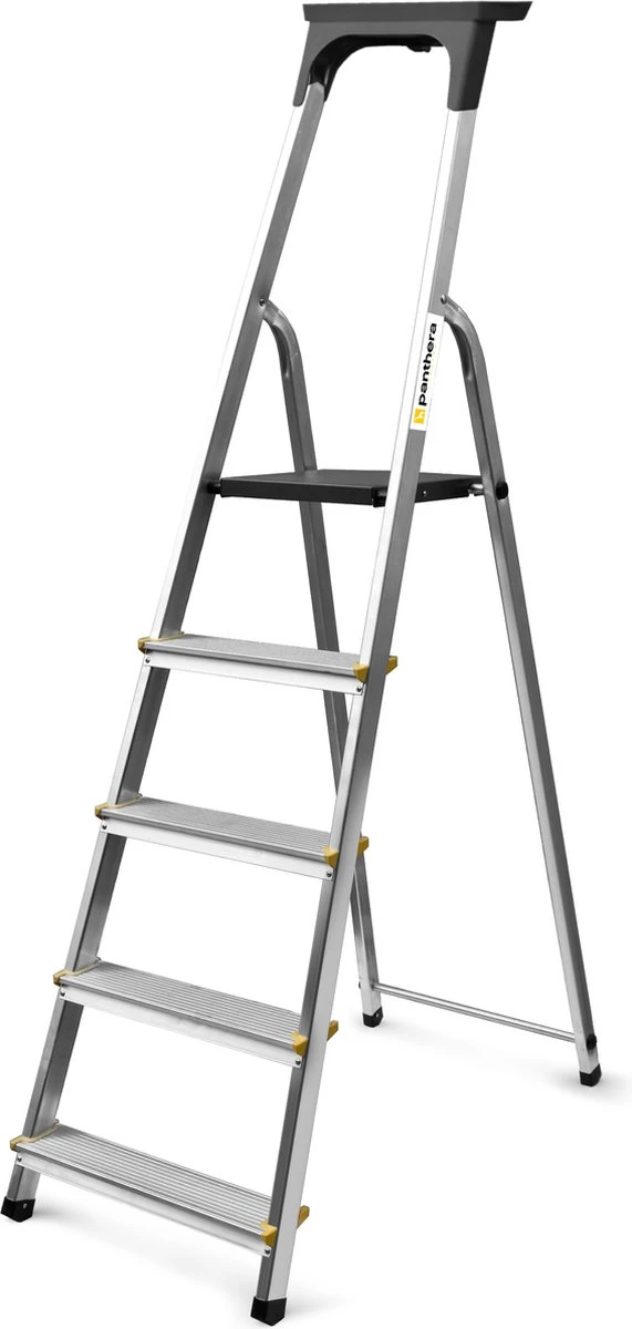 Panthera Huishoudtrap - Keukentrap 5 Treden - Aluminium - Max Werkhoogte: 2.96 Meter - Voor Particulier En Professioneel Gebruik 1 Panthera Huishoudtrap - Keukentrap 5 Treden - Aluminium - Max Werkhoogte: 2.96 Meter - Voor Particulier En Professioneel Gebruik