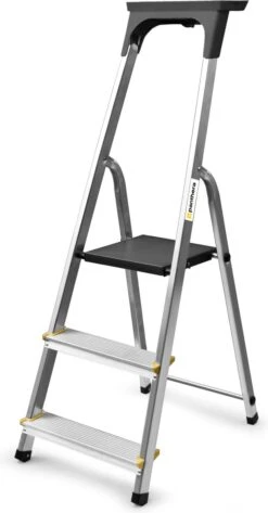 Panthera Huishoudtrap - Keukentrap 3 Treden - Aluminium - Max Werkhoogte: 2.56 Meter - Voor Particulier En Professioneel Gebruik