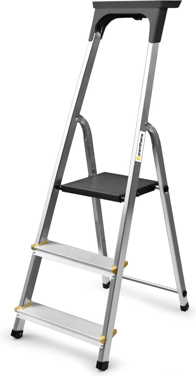 Panthera Huishoudtrap - Keukentrap 3 Treden - Aluminium - Max Werkhoogte: 2.56 Meter - Voor Particulier En Professioneel Gebruik 1 Panthera Huishoudtrap - Keukentrap 3 Treden - Aluminium - Max Werkhoogte: 2.56 Meter - Voor Particulier En Professioneel Gebruik