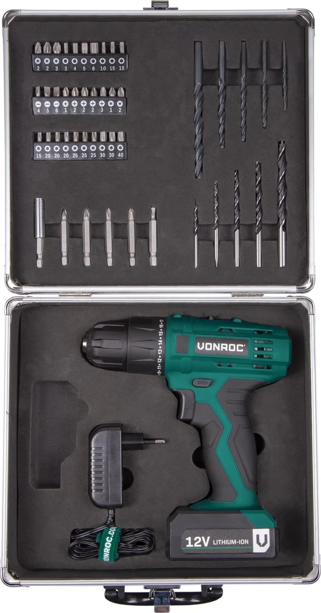 VONROC Accuboormachine – 12V Li-Ion – Incl. Aluminium Opbergkoffer, 46 Accessoires, 1x Accu & Lader 8 VONROC Accuboormachine – 12V Li-Ion – Incl. Aluminium Opbergkoffer, 46 Accessoires, 1x Accu & Lader - Afbeelding 8
