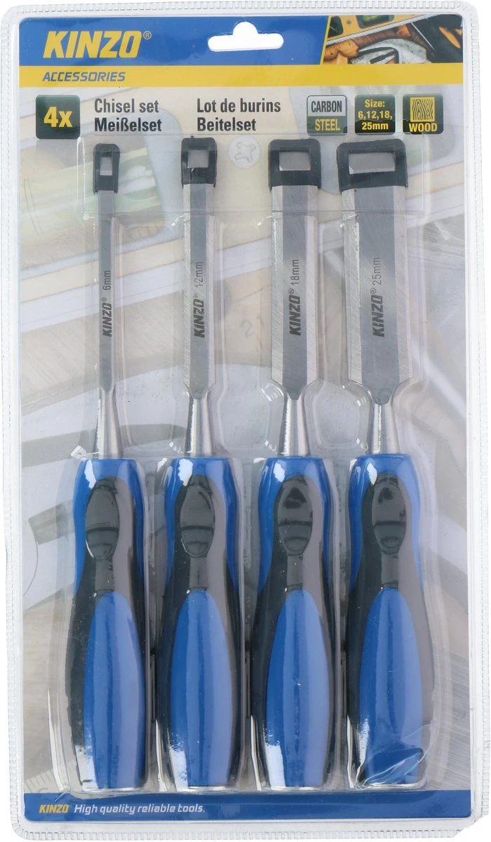 Kinzo Beitelset - 4 Stuks - 6/ 12/ 18/ 25 Mm - Carbonstaal - Voor Houtbewerking 2 Kinzo Beitelset - 4 Stuks - 6/ 12/ 18/ 25 Mm - Carbonstaal - Voor Houtbewerking - Afbeelding 2
