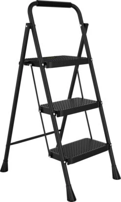 Rune Huishoudtrap 3 Treden - Inklapbare Anti-slip Keukentrap V2 - Compact Design - 104 Cm Hoog - Zwart