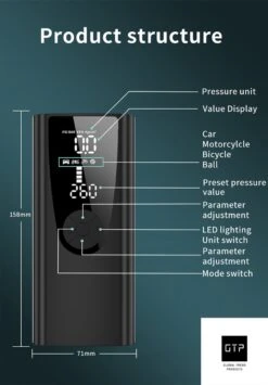 GTP Draagbare Luchtcompressor - Elektrische Bandenpomp - Luchtcompressor Oplaadbaar - Fiets Motor Auto En Ballen - Powerbank - Zaklamp -Makita || Merkloos || Stanley Verkoopwinkel 836x1200 2