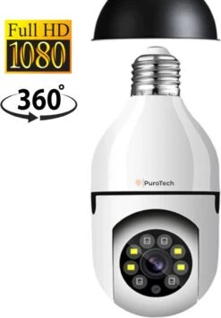 PuroTech Beveiligingscamera - IP Camera - E27 Dikke Fitting- Spy Camera - 2-Weg Audio - Beweeg En Geluidsdetectie - Nachtvisie - Draadloos - Huisdiercamera - Opslag In Cloud & App - Lamp Camera - 360 Graden Panoramisch
