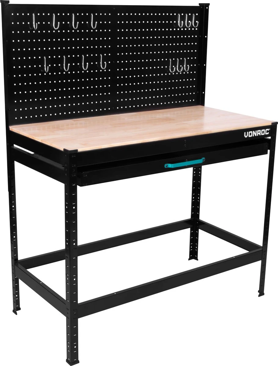 VONROC Duurzaam Rubberhout Werkbank / Werktafel - Met Stalen Gatenwand En Lade – Belastbaar Tot 130kg – Incl. 15-delige Hakenset 2 VONROC Duurzaam Rubberhout Werkbank / Werktafel - Met Stalen Gatenwand En Lade – Belastbaar Tot 130kg – Incl. 15-delige Hakenset - Afbeelding 2